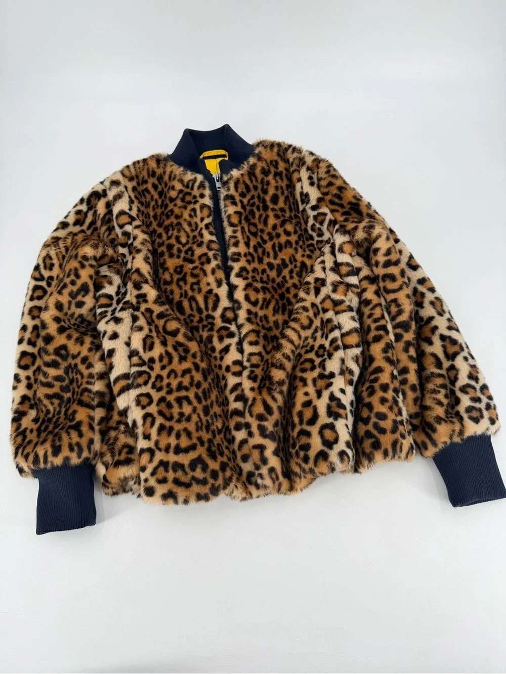 GANNI Ferris Faux Fur Leopard Print Oversized Bomber Jacket Size 34 US XS